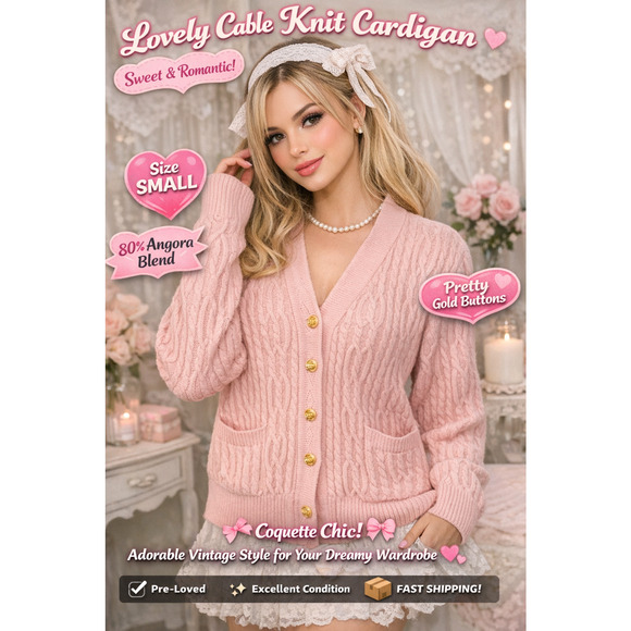 Vintage Angora Blend Pink Cable Knit Cardigan w/Gold Buttons Size M/L Coquette - Picture 11 of 11